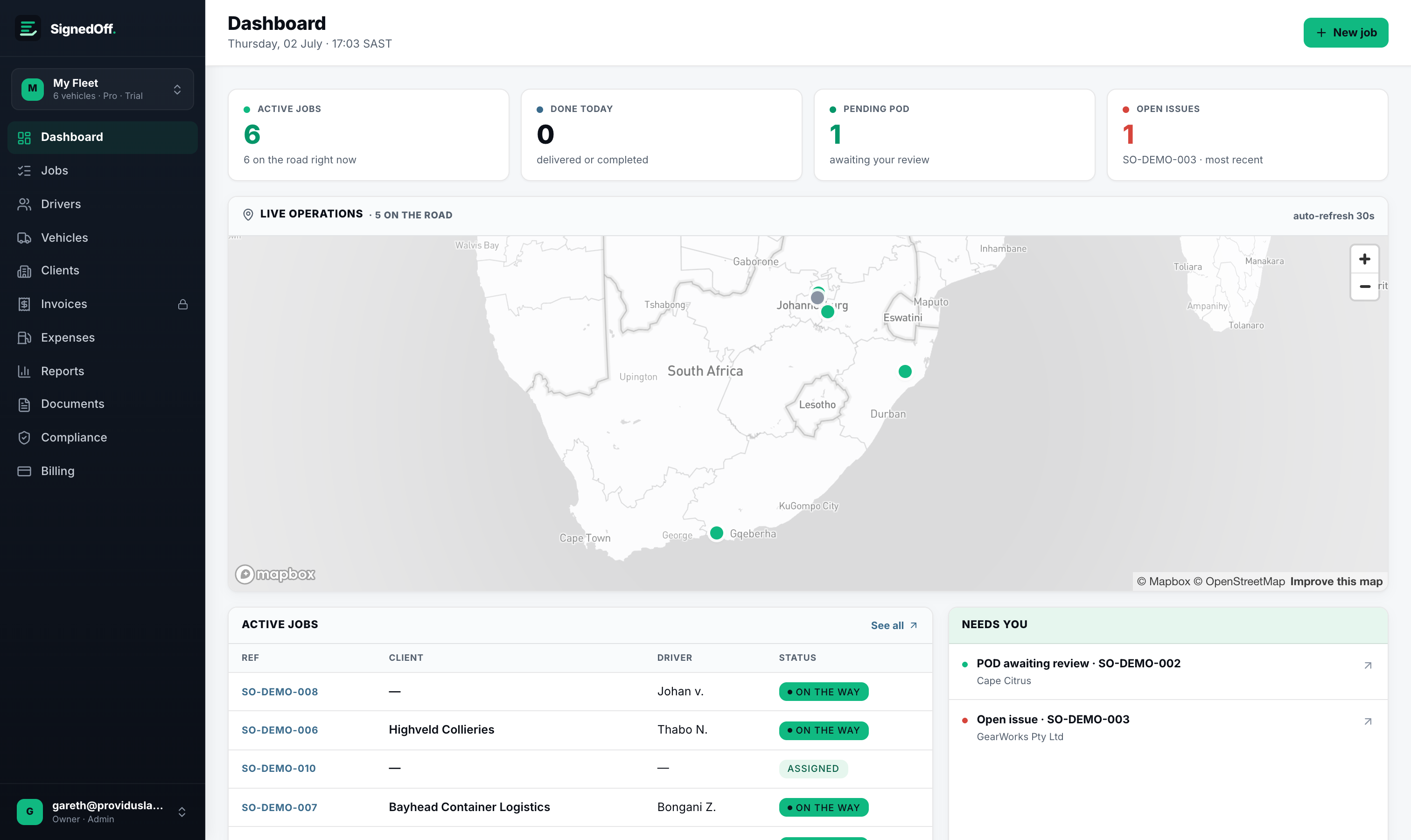 SignedOff owner dashboard — live operations map with trucks across South Africa
